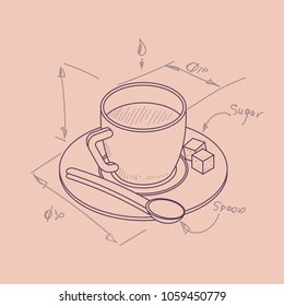 Vector illustration thin line sketch with 3D coffee cup with pieces of sugar in isometric drawing sketch flat style