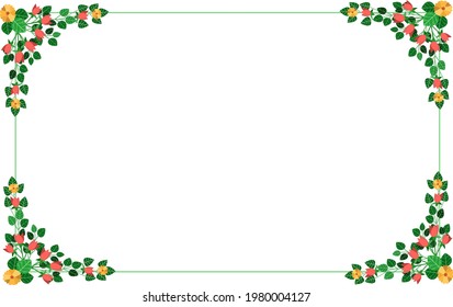 Vector illustration - thin rectangular frame with corners of red and yellow flowers and green leaves. May be used for photo decoration, portraits, memorable album, presentations