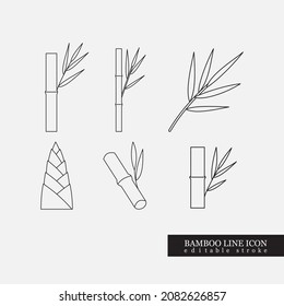 Vector illustration  of thin simle line art bamboo with leaves icon or logo set or collection for asian cuisine, textile fibre, fabric or spa salon. Bamboo edible young shoots or sprouts emblem.