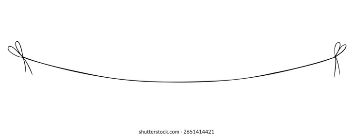 Vector illustration of thin string with tied bows. Hand drawn linear drawing for use in decorative compositions, gift wrapping accents, or minimalist design elements. Engraving painted by black inks.