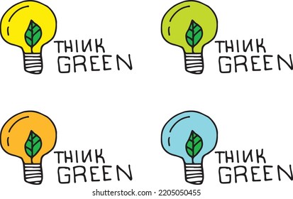 Vector illustration: think green. Lamp with leaf. 