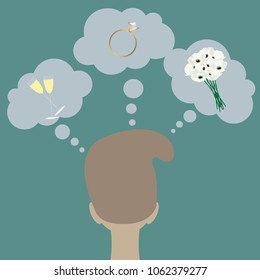 Vector illustration.Man thinking about preparation for romantic dinner.Concept of marriage proposal.