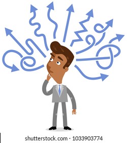 Vector illustration of a thinking asian cartoon businessman trying to make a decision with blue arrows isolated on white background