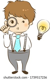 vector illustration of thinking boy and 
magnifying glass and light bulb