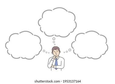 Vector illustration of a thinking businessman with speech bubbles.
