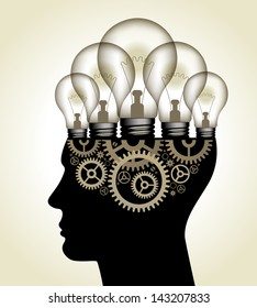 Vector Illustration - Thinking Concept. human head with light bulbs and gears. The file is saved in the version AI10 EPS. This image contains transparency.