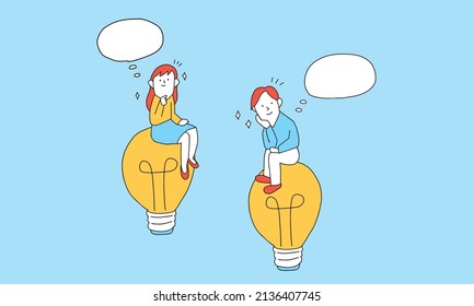 Ilustración vectorial del concepto de pensamiento. hombre y mujer están pensando en la bombilla.