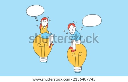 Vector illustration of thinking concept.man and woman are thinking on light bulb.
