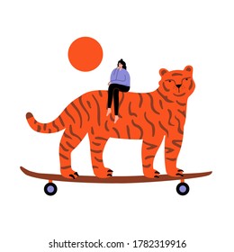 Vector illustration with thinking girl and tiger with skateboard. Funny print design with woman and animal