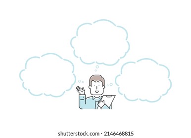 Vector illustration of a thinking man with speech bubbles.	