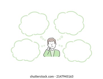 Vector illustration of a thinking man with speech bubbles.	