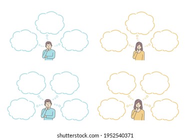 Vector illustration of a thinking man and woman with speech bubbles.