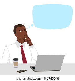 Vector illustration of thinking men. Portrait of male businessman who sits at the table in front of the computer and about something thought. Afro american