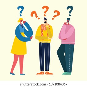 Vector illustration with thinking men and woman n with question mark in the flat style. Concept vector illustration of online support. 