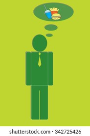 vector illustration, thinking people about meal but not about work
