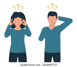 Vector illustration of thinking people, man and woman with question marks.