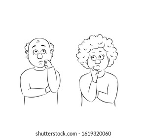 Vector illustration thinking seniors, couple confused elderly,linear silhouette on a white background.