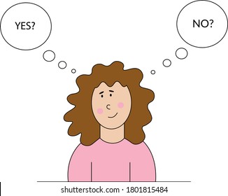 Vector illustration of the thinking woman, hesitating and making a decision between yes or no. Words appear in bubble speeches.