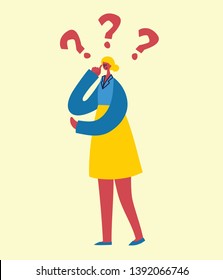 Vector illustration with thinking  woman  with question mark in the flat style. Concept vector illustration of online support.
