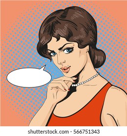 Vector Illustration of thinking woman in retro pop art comic style. Girl is holding on to chin with her right hand. Speech bubble.