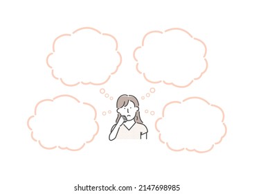Vector illustration of a thinking woman with speech bubbles.	