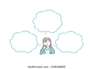 Vector illustration of a thinking woman with speech bubbles.	