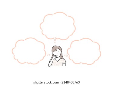 Vector illustration of a thinking woman with speech bubbles.	