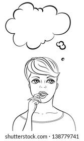 Vector illustration of a thinking young woman holding and chewing pencil in black and white. Concept image of youth, teenager, intelligence, back to school banner, study, learning, education, choice