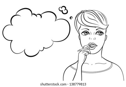 Vector illustration of a thinking young woman holding and chewing pencil in black and white. Concept image of youth, teenager, intelligence, back to school banner, study, learning, education, choice