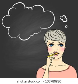 Vector illustration of a thinking young woman holding and chewing pencil against chalkboard. Concept image of youth, teenager, intelligence, back to school banner, study, exam, final test, choice