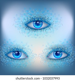 Vector illustration, the third eye of a fantastic creature, clairvoyance, prophecy, alien gaze, fantasy, blue eyelashes in the frost, see through time and space.