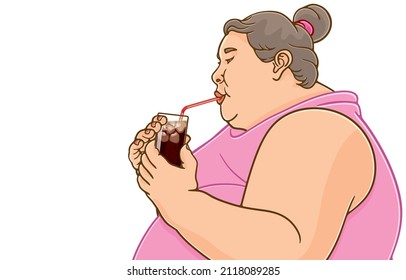 Vector Illustration Of Thirsty Fat Woman Sucking,drinking Cold Cola Soft Drink Soda With Straw,sparkling Water,ice,sweet Sugar From Glass In Her Hand,on White,Copy Space,Good Health Of Obese People.