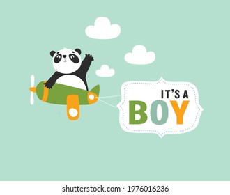 Vector illustration "this is a boy" with a panda on an airplane
