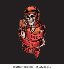 Vector Illustration of In this image we can see a skeleton holding a ribbon with some text on it.