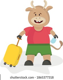 vector illustration. This illustration shows bull the symbol of 2021 year. Bull goes in vacation. 
He stands with a suitcase and holds a mask in his hand.