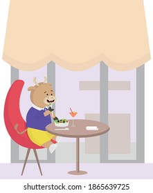 ilustración vectorial. Esta ilustración muestra el toro el símbolo del año 2021. El toro se sienta en una mesa en una cafetería. 
Él come ensaladas y cócteles de bebidas