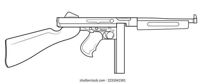 Ilustración vectorial de la subametralladora Thompson M1A1 sobre el fondo blanco. Del lado derecho.
