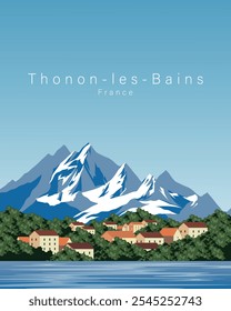 Vector illustration. Thonon-les-Bains France. Wall poster, banner, postcard, cover, packaging. Modern design. Tourism, travel.