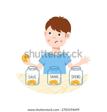Vector illustration of a thoughtful boy holding a coin and deciding where to put it. Money management and budgeting concept for kids.
