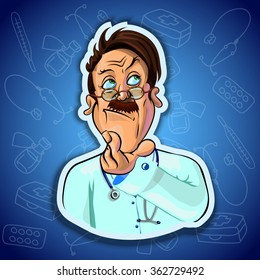 Vector illustration of thoughtful doctor. Gradient background with the images of medical tools. Made in comic cartoon style.