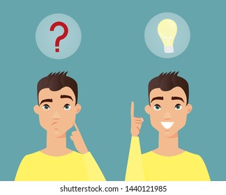 Vector illustration of thoughtful man. Smart young man thinking and have idea. cartoon flat style.