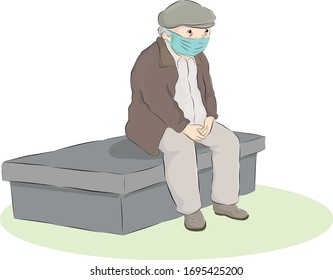 Vector illustration of a thoughtful man wearing face mask for corona virus protection, sitting alone
