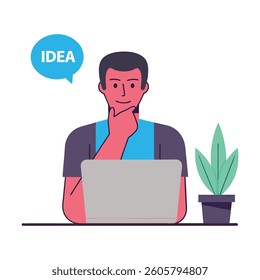 Vector illustration of a thoughtful man working on a laptop with an idea speech bubble. Modern, minimal design for business, creativity, and brainstorming concepts.