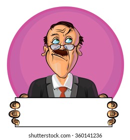 Vector illustration of thoughtful office worker or businessman holding blank poster in his hands. Can be used as an advertisement.  Made in comic cartoon style.