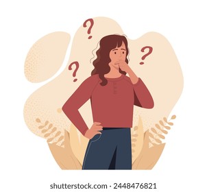 A vector illustration of a thoughtful woman with question marks, on a beige background reflecting confusion. Flat vector illustration