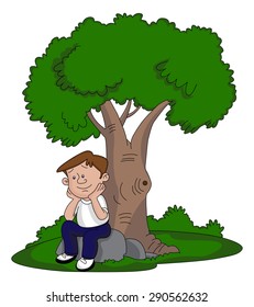 Vector illustration of thoughtful young man sitting under a tree.