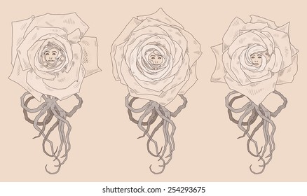 Vector illustration with three abstract cartoon roses. Shading graphics. Can be used as postcard, illustration