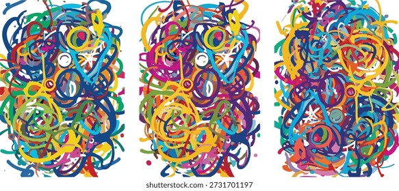 Ilustração vetorial de três painéis abstratos com redemoinho de linhas coloridas, loops e formas de estrela em movimento caótico