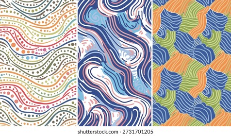   
Ilustração vetorial de três painéis abstratos com linhas onduladas, redemoinhos fluidos e formas geométricas interligadas