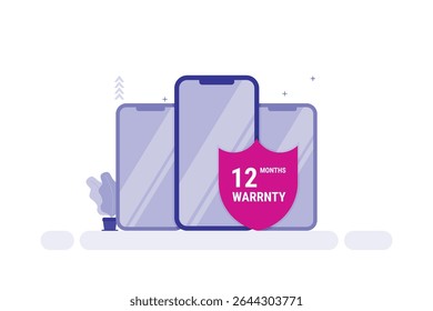 Vector illustration of  Three abstract smartphones depicted in shades of blue and purple are aligned side by side. The central phone is prominent, featuring a pink shield
